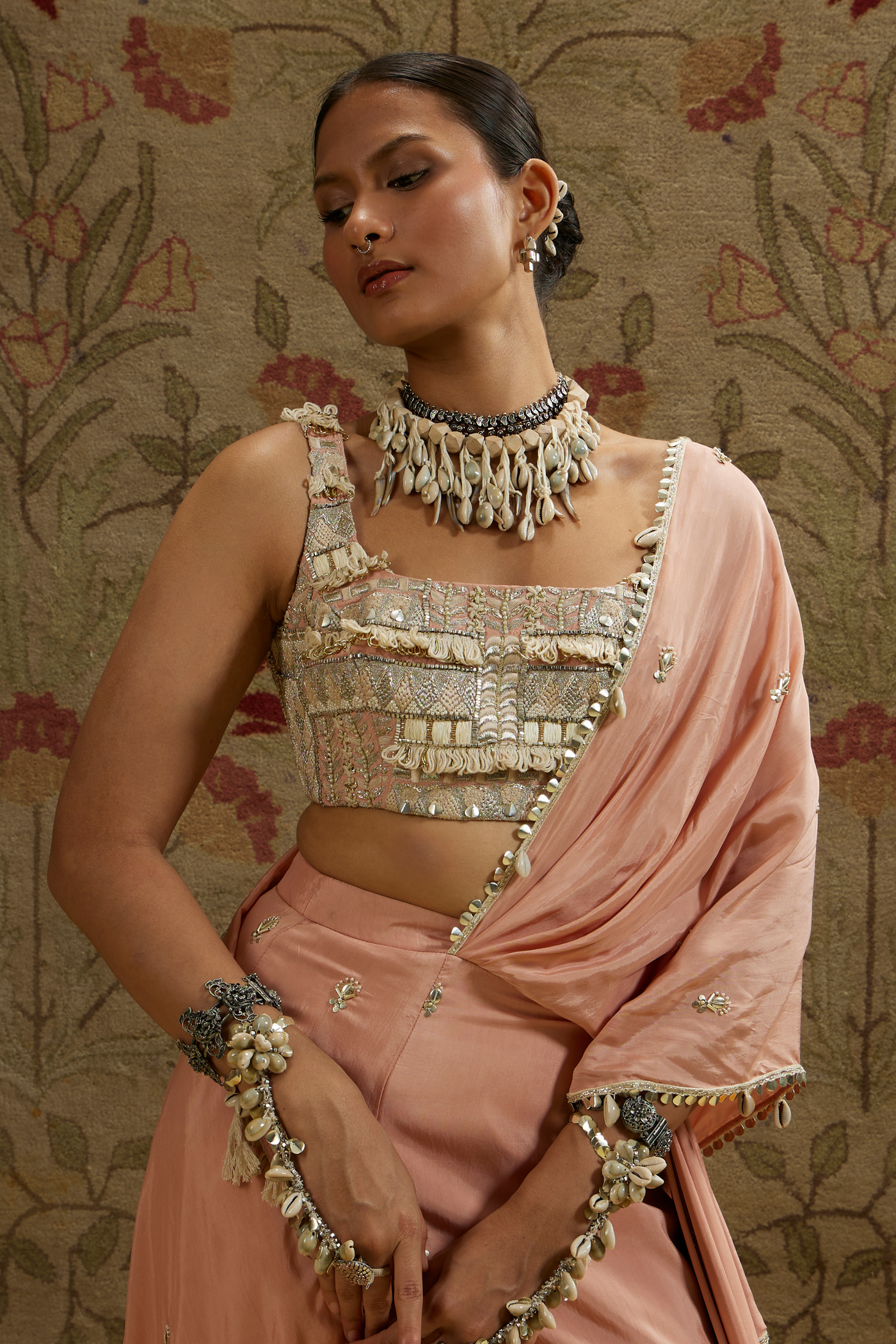 SVA Embellished Bustier Paired with Pink Embellished Saree Draped Skirt Online Shopping Indian Designer Wear Melange Singapore Womenswear