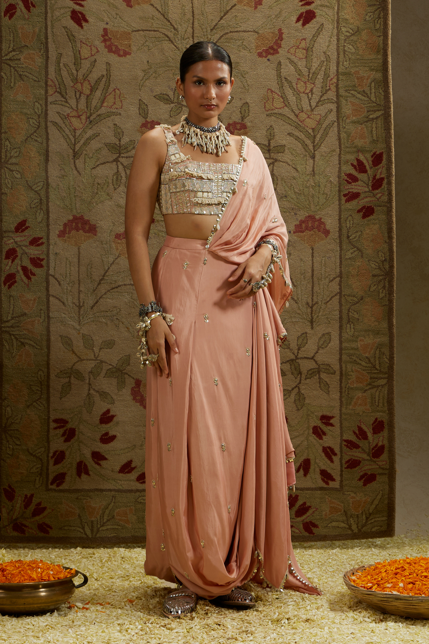 SVA Embellished Bustier Paired with Pink Embellished Saree Draped Skirt Online Shopping Indian Designer Wear Melange Singapore Womenswear