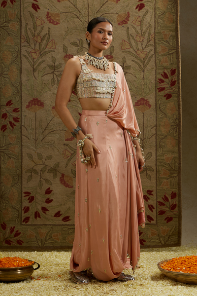 SVA Embellished Bustier Paired with Pink Embellished Saree Draped Skirt Online Shopping Indian Designer Wear Melange Singapore Womenswear