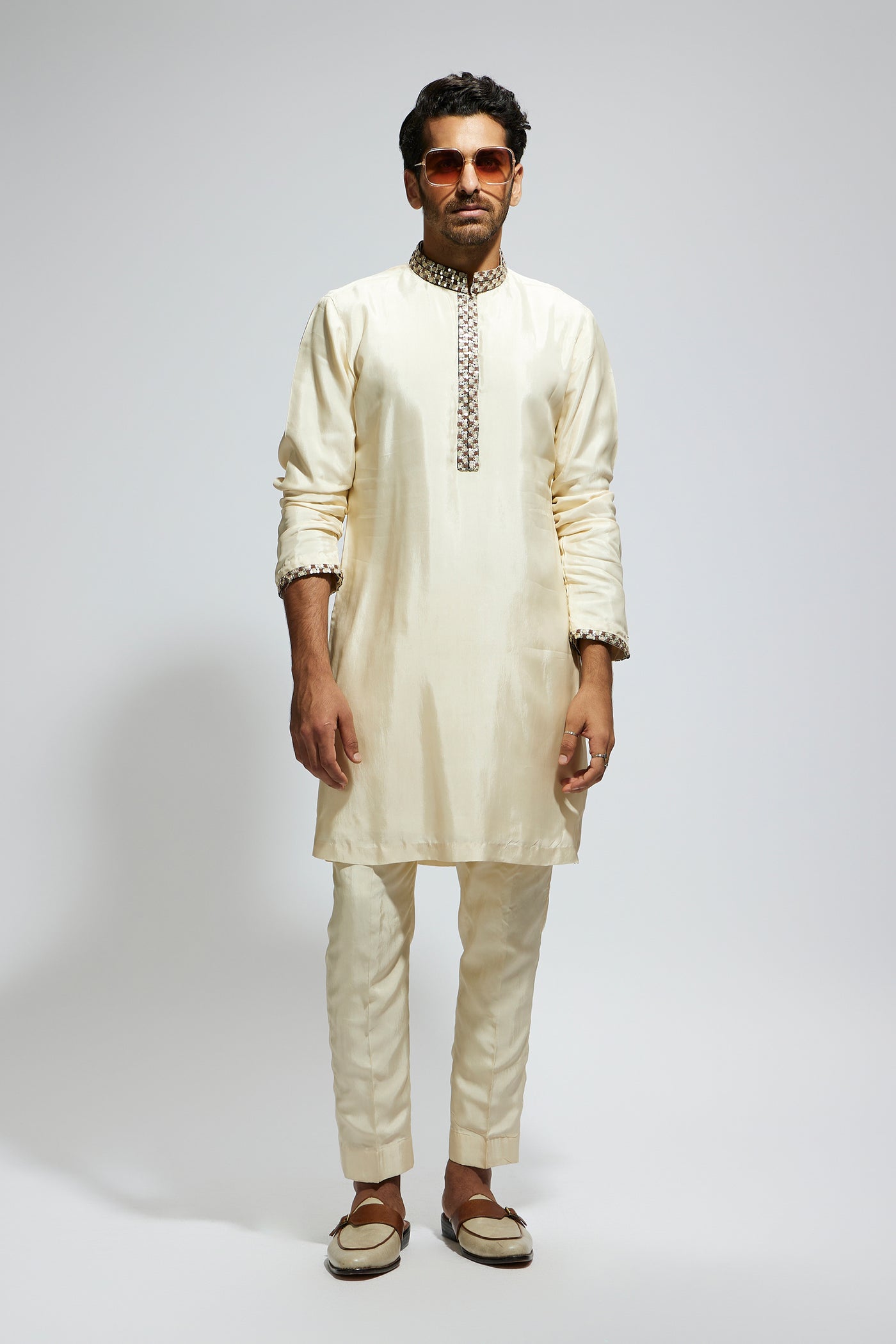 SVA Beige Solid Kurta With Embellished Collar And Kurta Patti indian designer wear online shopping melange singapore