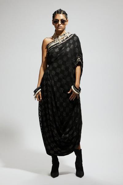 SVA Black Aztec One Shoulder Cowl Dres