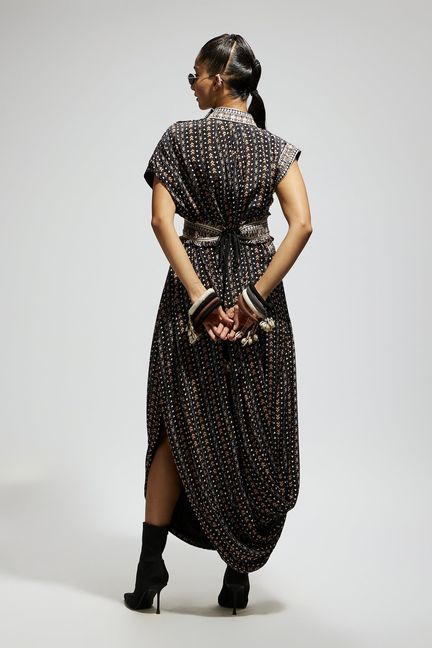 SVA Black Boho Print Stripe Print Cowl Dress Teamed With A Beltt indian designer wear online shopping melange singapore