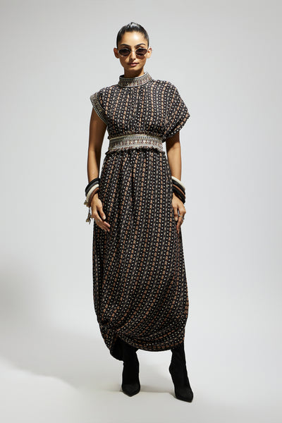 SVA Black Boho Print Stripe Print Cowl Dress Teamed With A Beltt indian designer wear online shopping melange singapore