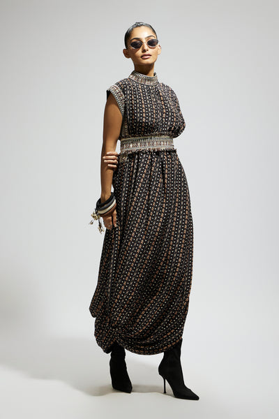 SVA Black Boho Print Stripe Print Cowl Dress Teamed With A Beltt indian designer wear online shopping melange singapore