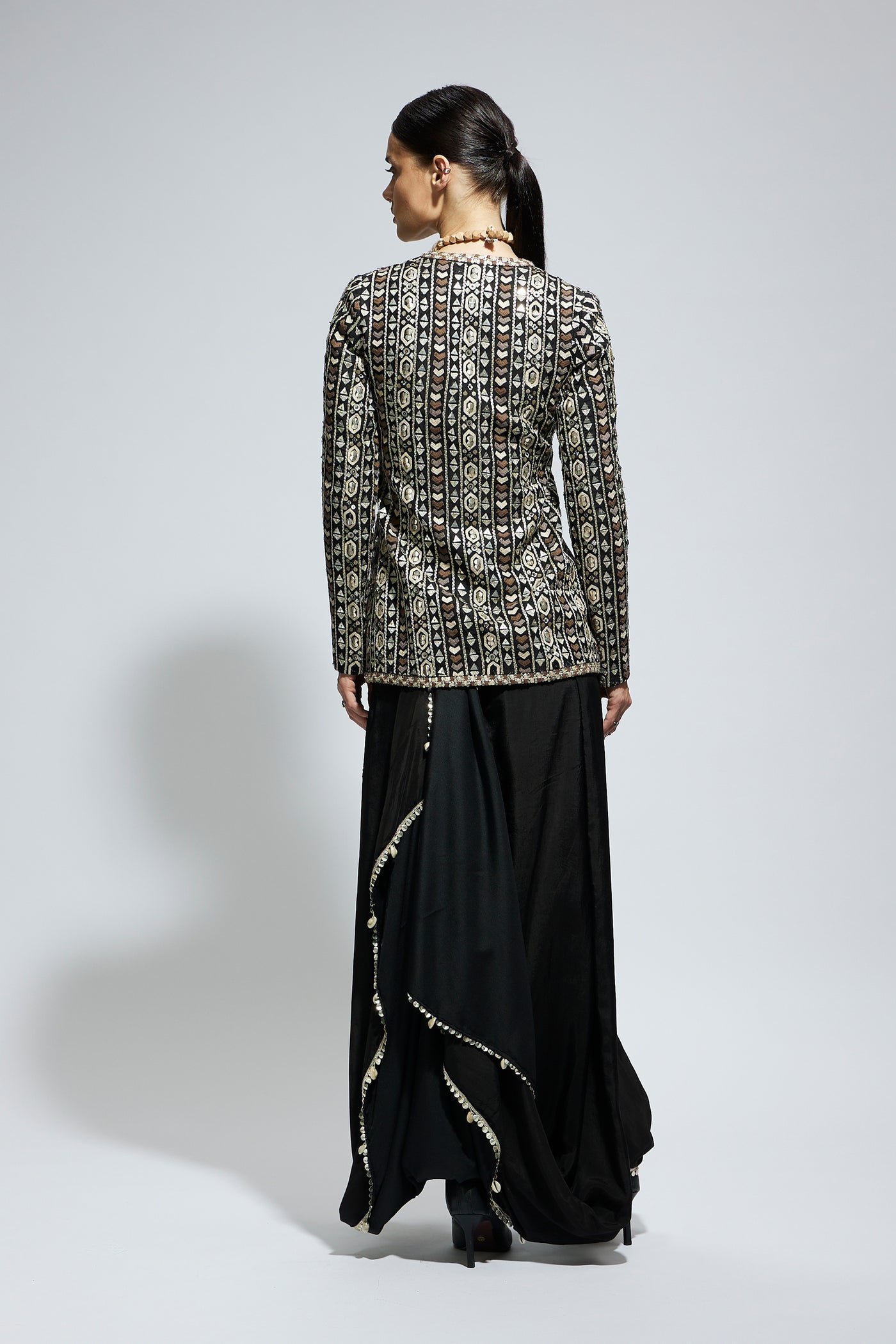 SVA Black Embellished Jacket Paired With Drape Skirt indian designer wear online shopping melange singapore