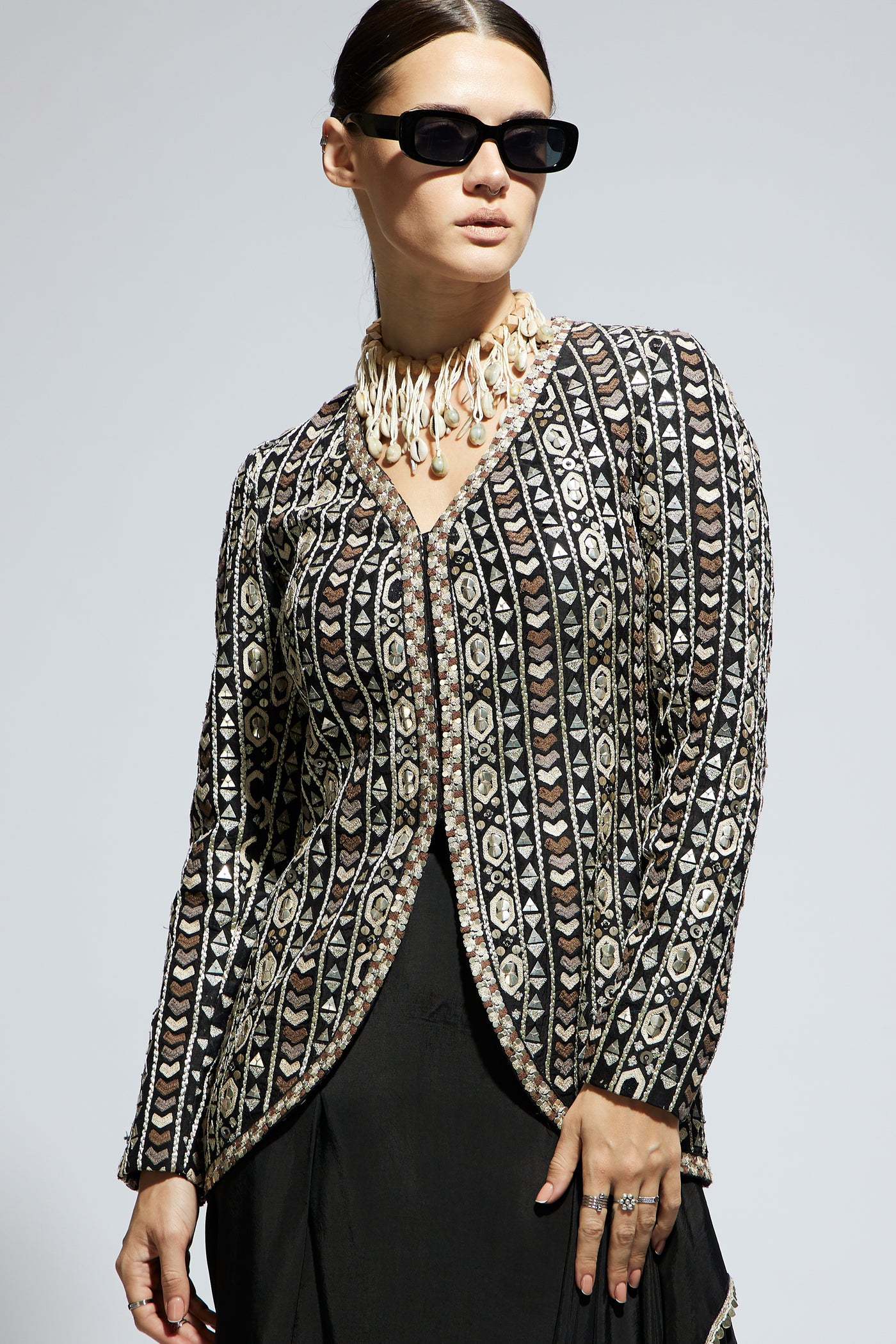 SVA Black Embellished Jacket Paired With Drape Skirt indian designer wear online shopping melange singapore