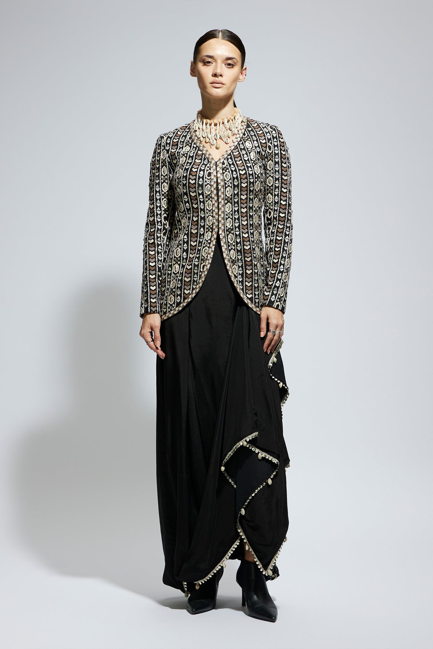 SVA Black Embellished Jacket Paired With Drape Skirt indian designer wear online shopping melange singapore