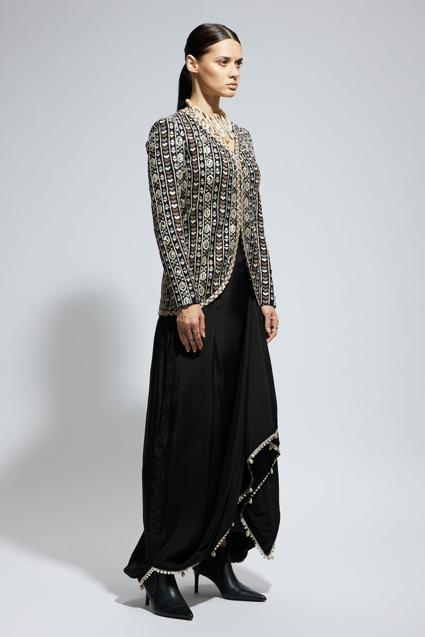 SVA Black Embellished Jacket Paired With Drape Skirt indian designer wear online shopping melange singapore