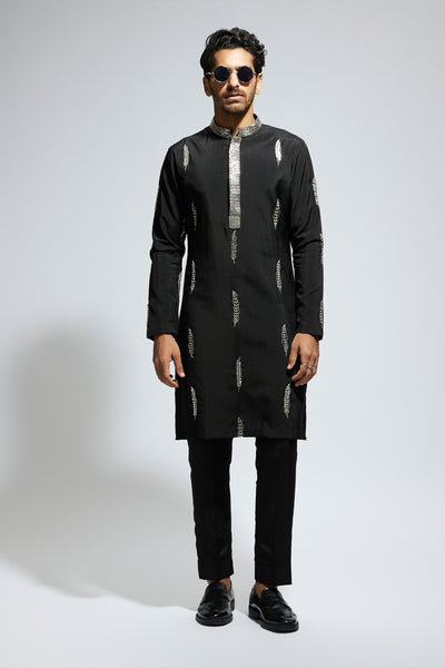 SVA Black Feather Embroidered Kurta With Pants indian designer wear online shopping melange singapore