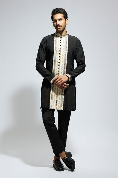 SVA Black Front Open Threadwork Embroidered Kurta Paired With Pants indian designer wear online shopping melange singapore