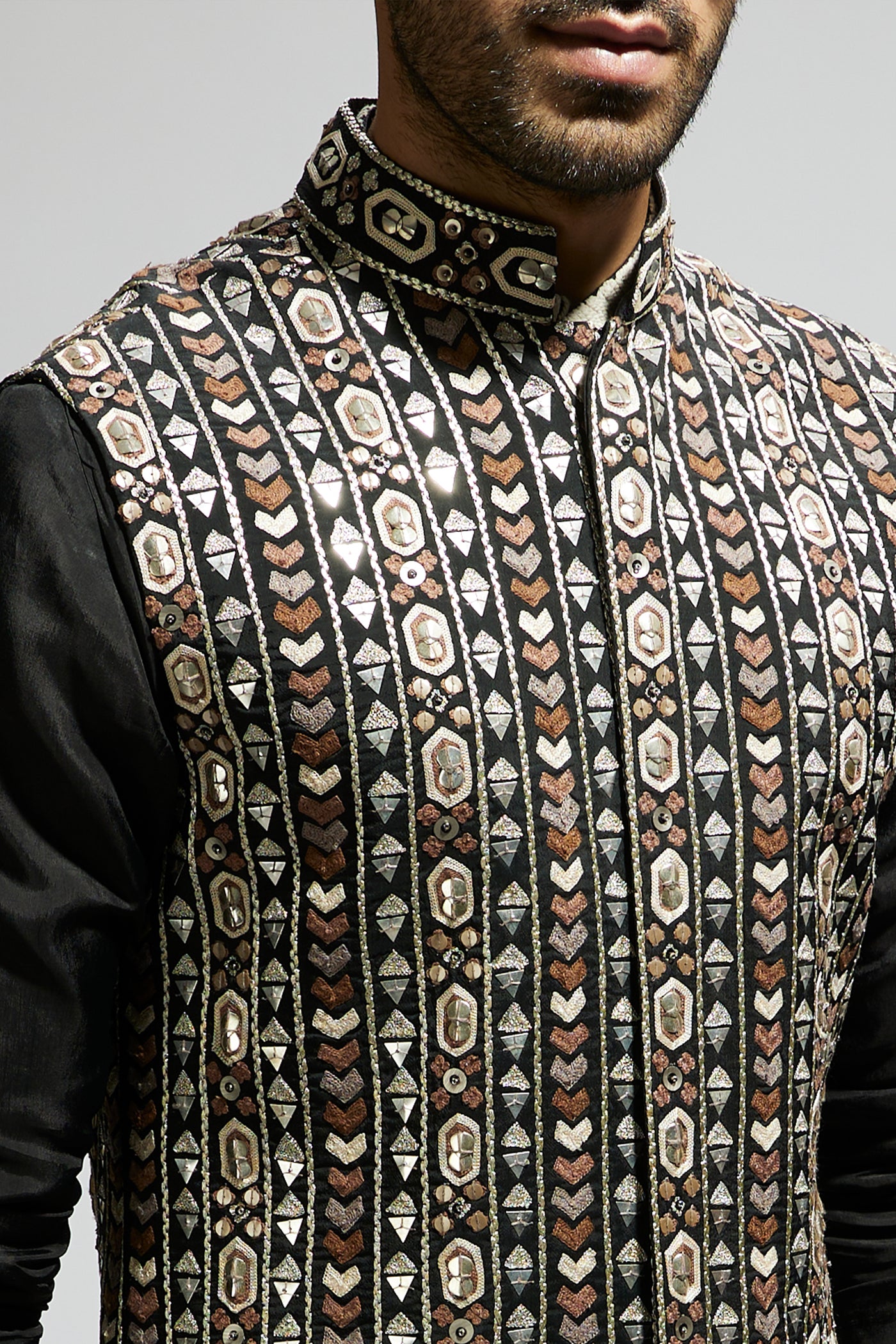 SVA Black Geo Embroidered Bundi indian designer wear online shopping melange singapore