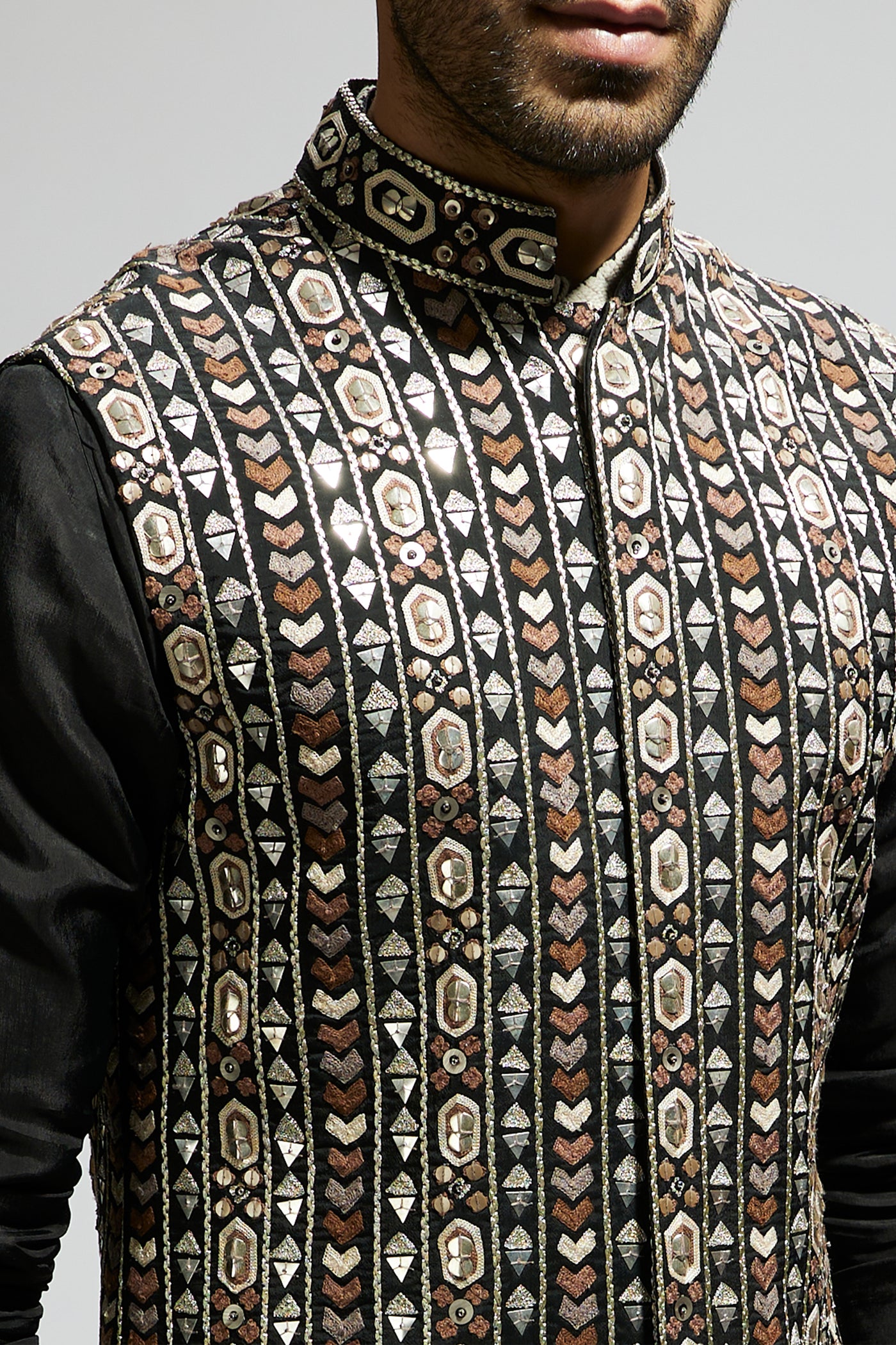 SVA Black Geo Embroidered Bundi With Kurta And Pants indian designer wear online shopping melange singapore