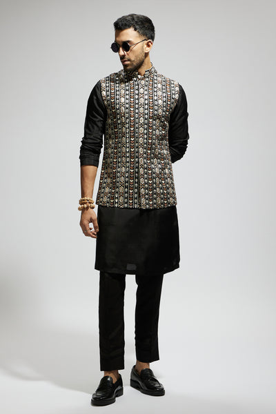 SVA Black Geo Embroidered Bundi With Kurta And Pants indian designer wear online shopping melange singapore