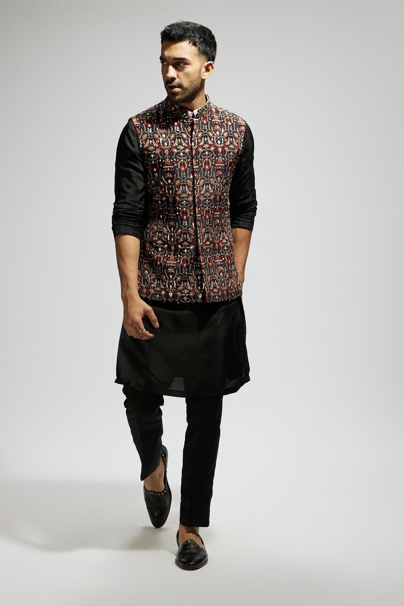 SVA Black Leaf Jaal Embellished Bundi With Black Kurta And Pants indian designer wear online shopping melange singapore