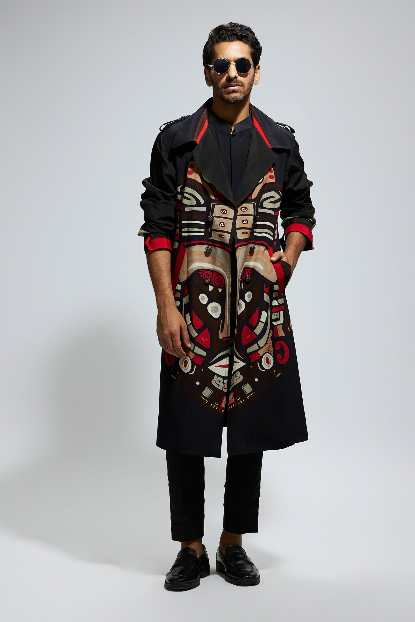 SVA Black Mask Print Trenchcoat indian designer wear online shopping melange singapore