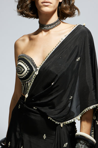 SVA Black Threadwork Corset Paired With Embellished Saree Draped Skirt indian designer wear online shopping melange singapore