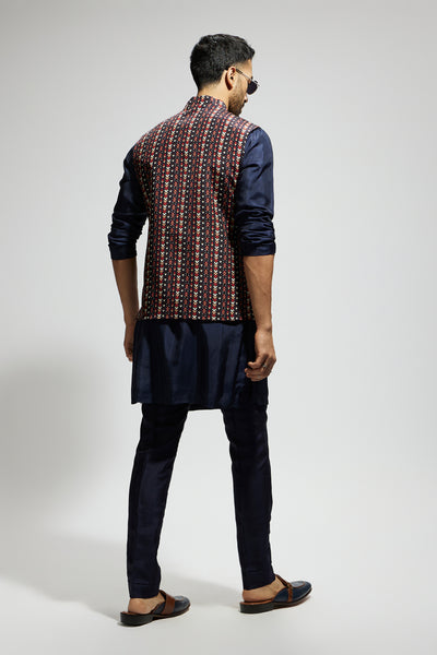 SVA Blue Boho Geo Bundi Paired With Solid Blue Kurta And Pants indian designer wear online shopping melange singapore