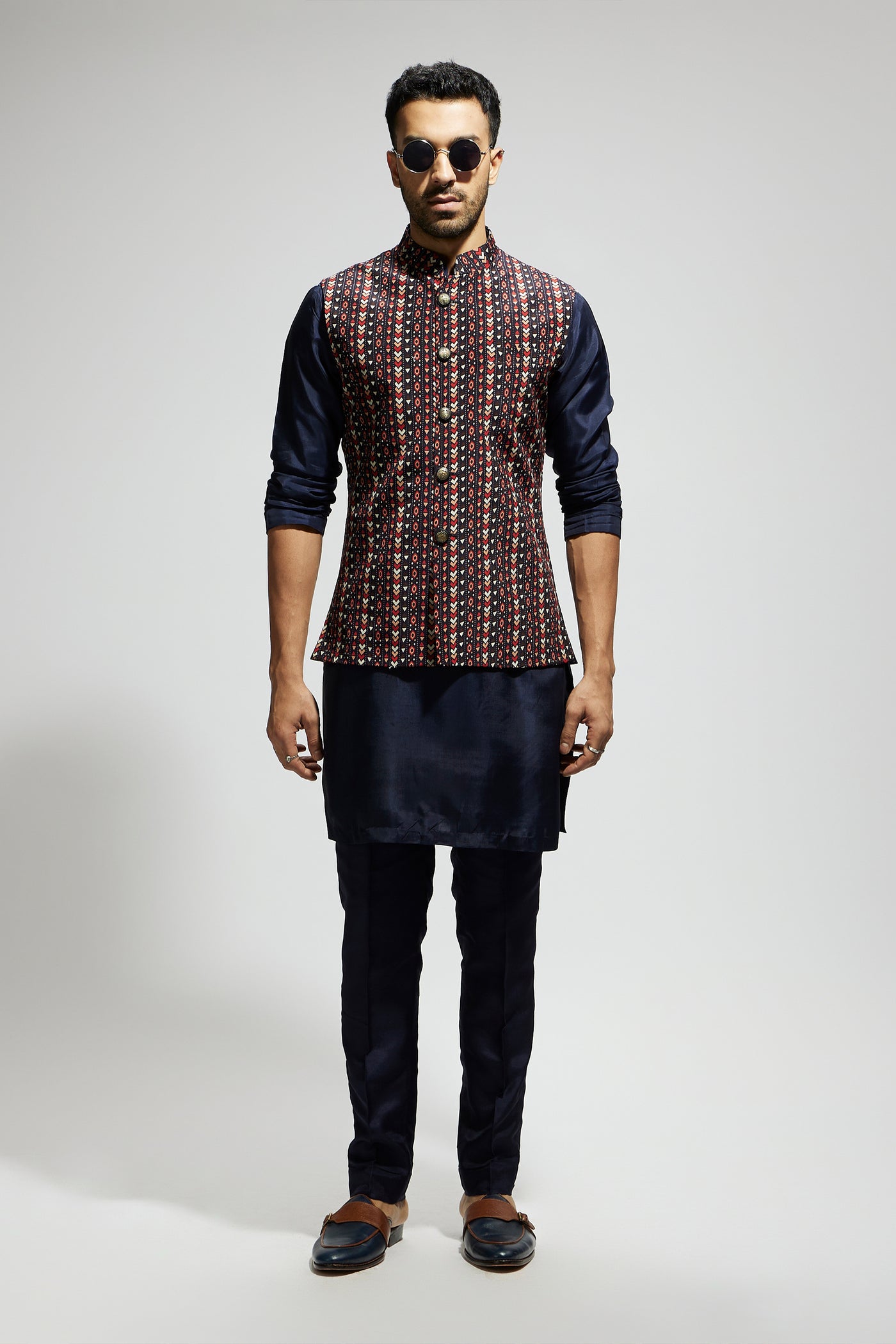 SVA Blue Boho Geo Bundi Paired With Solid Blue Kurta And Pants indian designer wear online shopping melange singapore