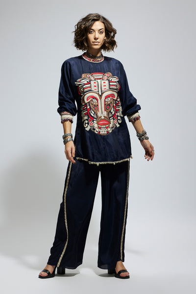 SVA Blue Embellished Mask Threadwork Tunic Set indian designer wear online shopping melange singapore