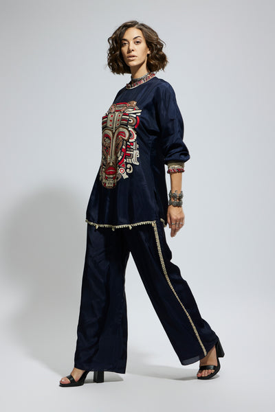 SVA Blue Embellished Mask Threadwork Tunic Set indian designer wear online shopping melange singapore