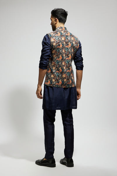 SVA Blue Jaal Embellished Bundi Paired With Solid Blue Kurta And Pants indian designer wear online shopping melange singapore