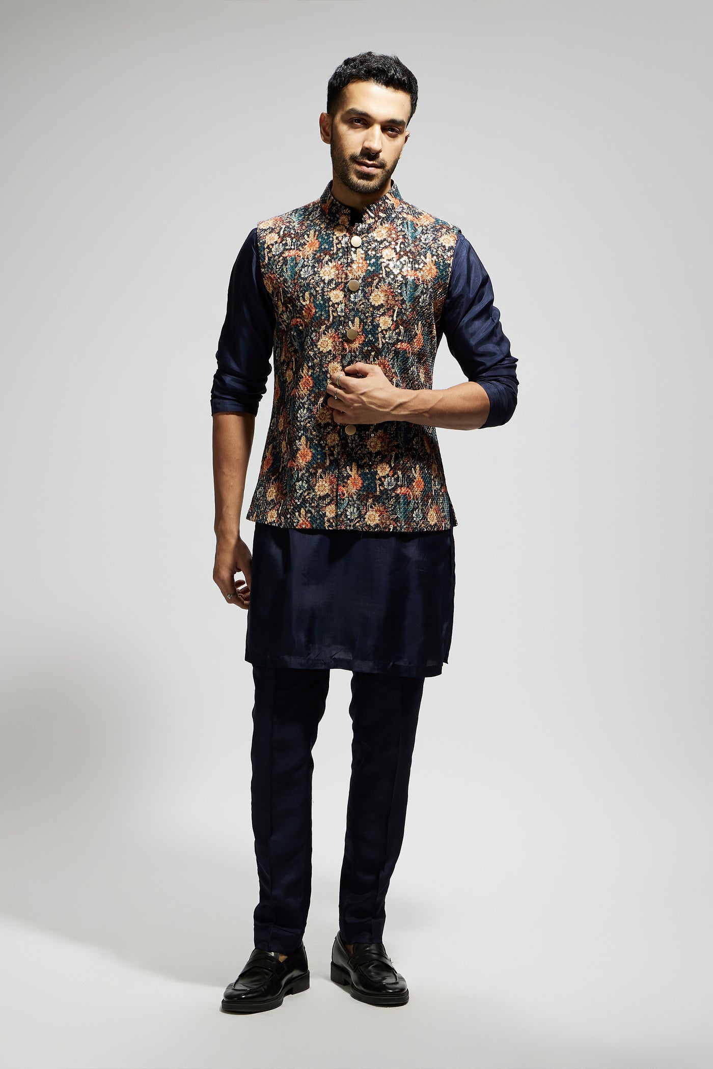 SVA Blue Jaal Embellished Bundi Paired With Solid Blue Kurta And Pants indian designer wear online shopping melange singapore