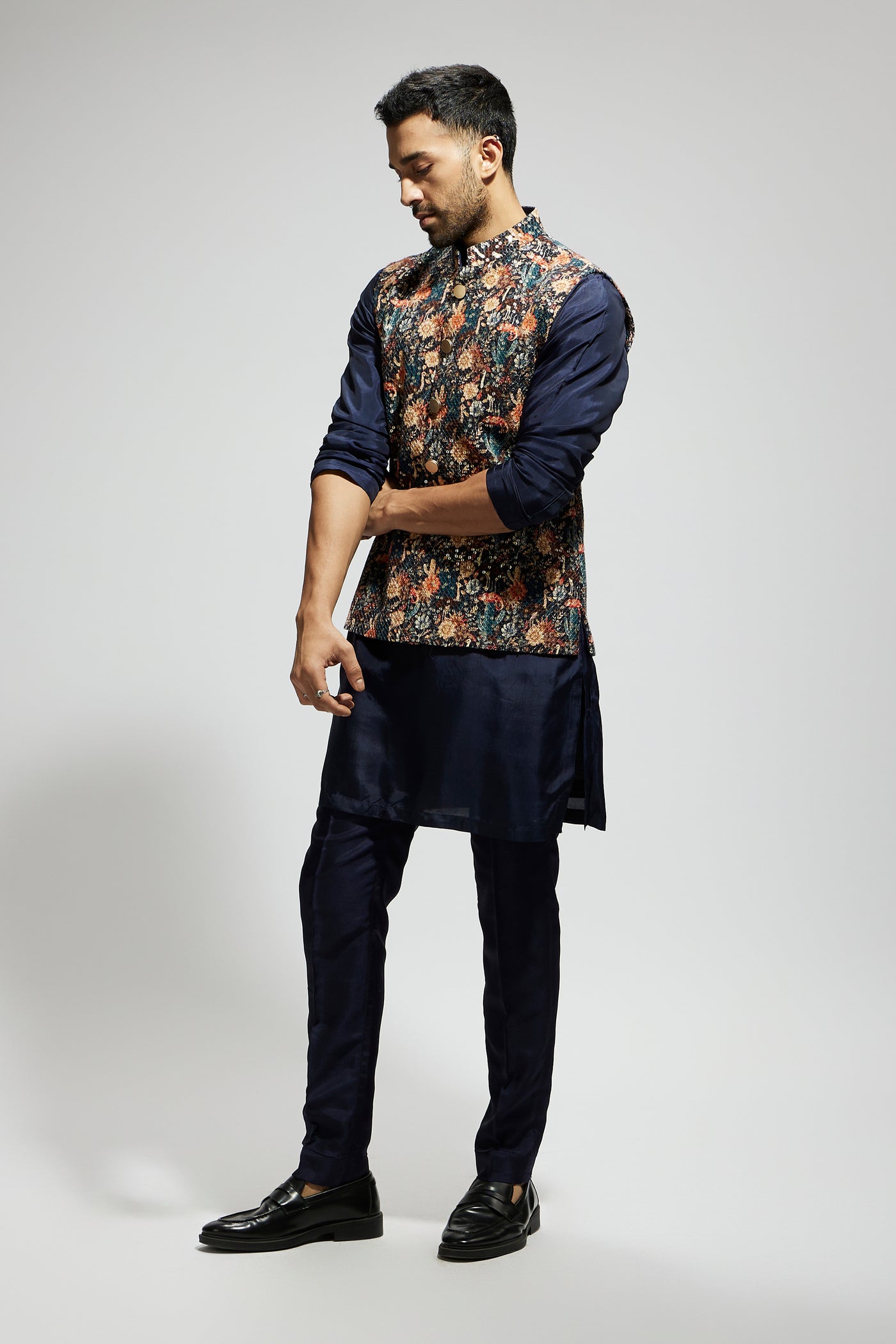 SVA Blue Jaal Embellished Bundi Paired With Solid Blue Kurta And Pants indian designer wear online shopping melange singapore