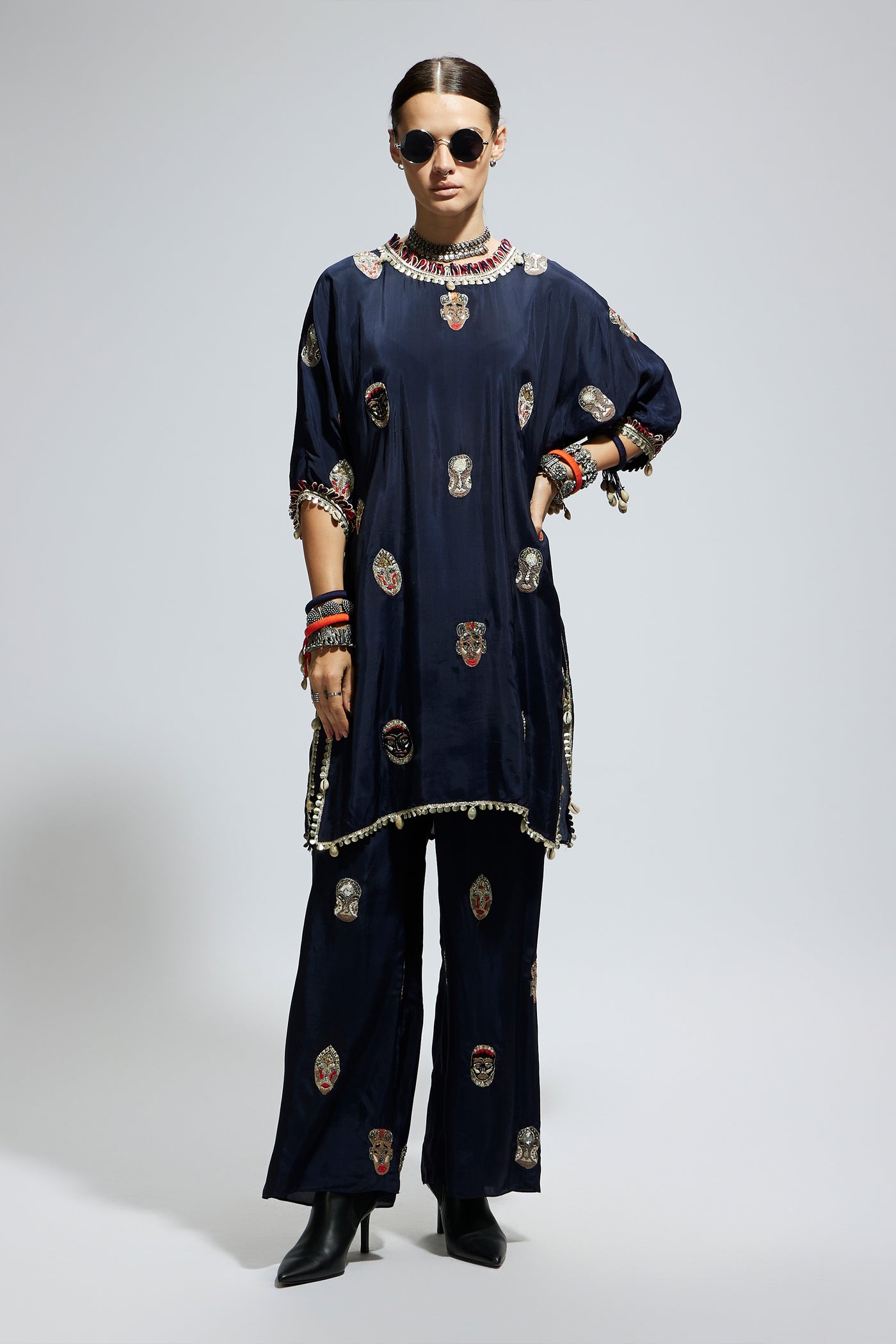 SVA Blue Mask Embroidered Kurta Set indian designer wear online shopping melange singapore