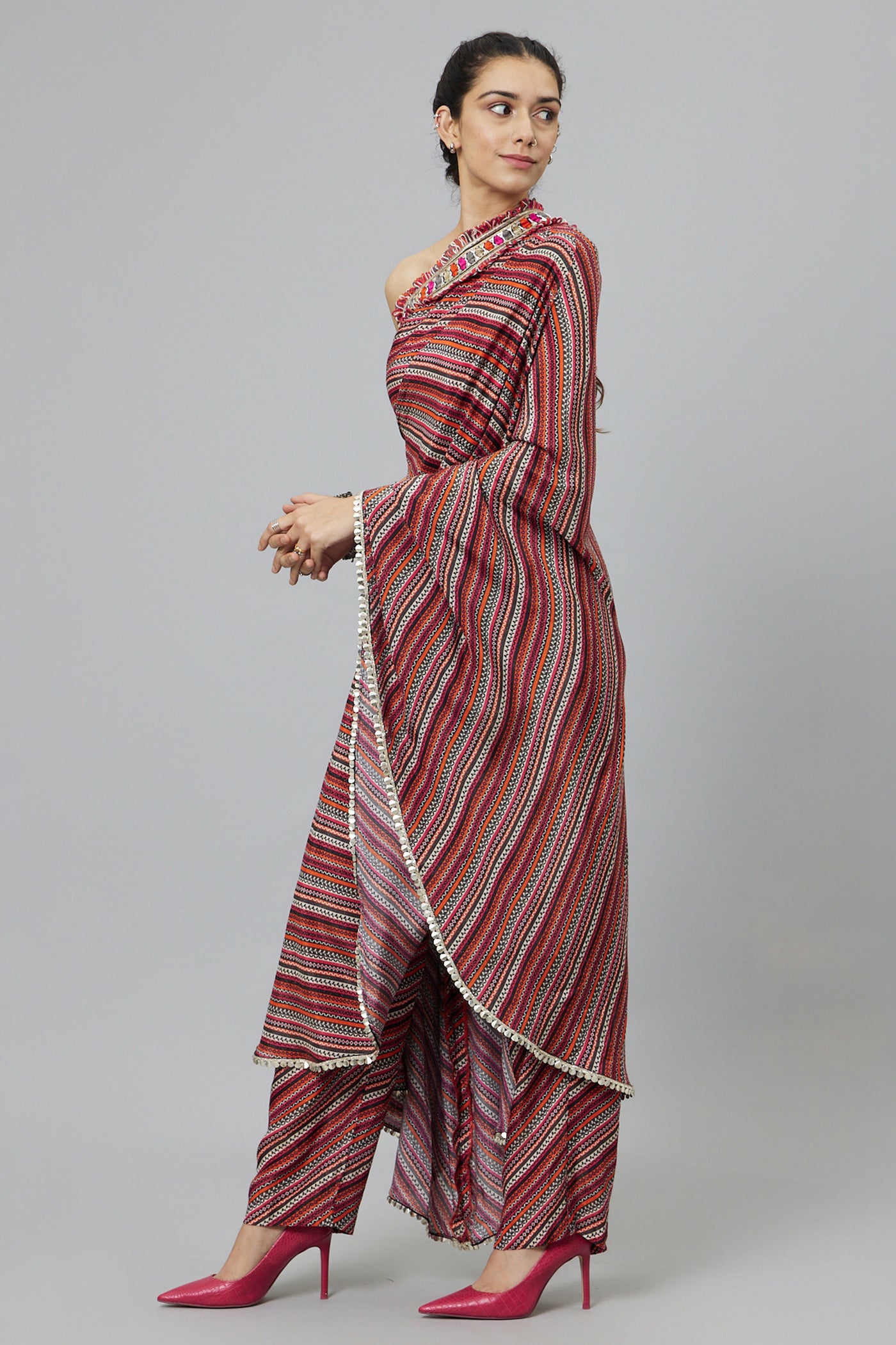 SVA Bohemian Stripe Print One Shoulder Saree With Pants indian designer wear online shopping melange singapore