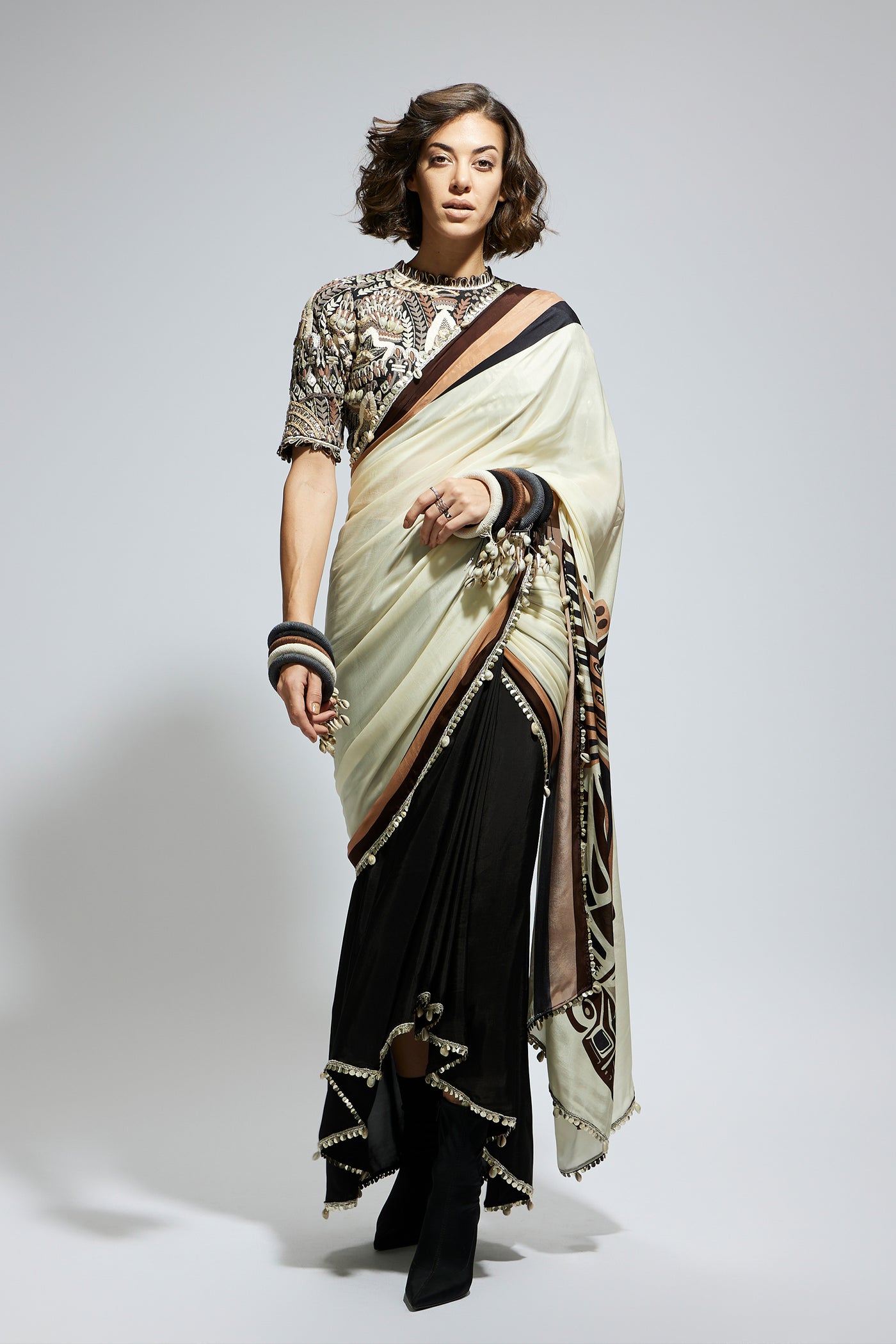 SVA Color Block Mask Print Cascade Sari Set indian designer wear online shopping melange singapore