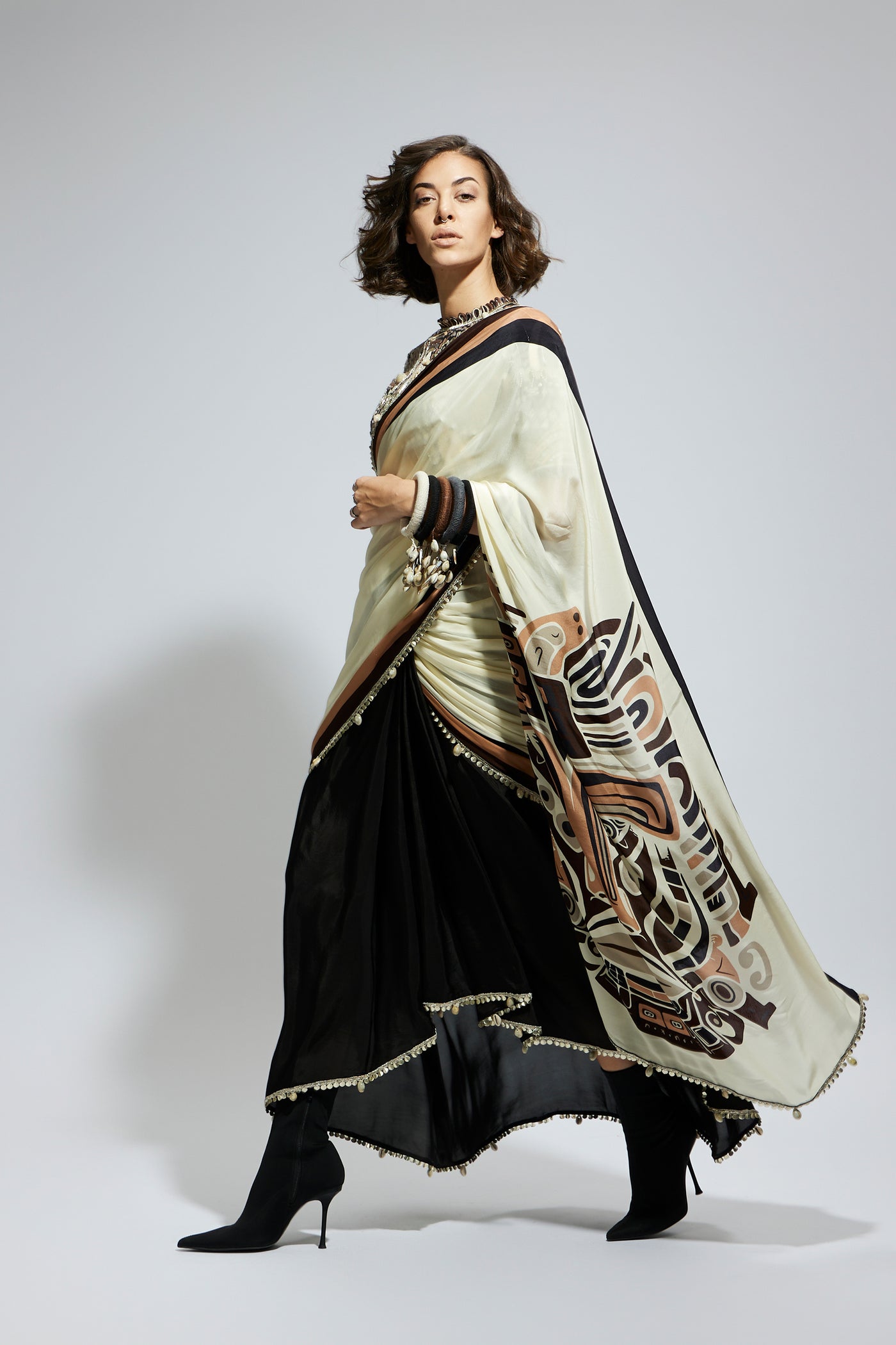 SVA Color Block Mask Print Cascade Sari Set indian designer wear online shopping melange singapore