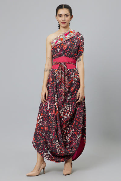 SVA Concrete Jungle Print One Shoulder Cowl Dress Teamed With A Belt indian designer wear online shopping melange singapore