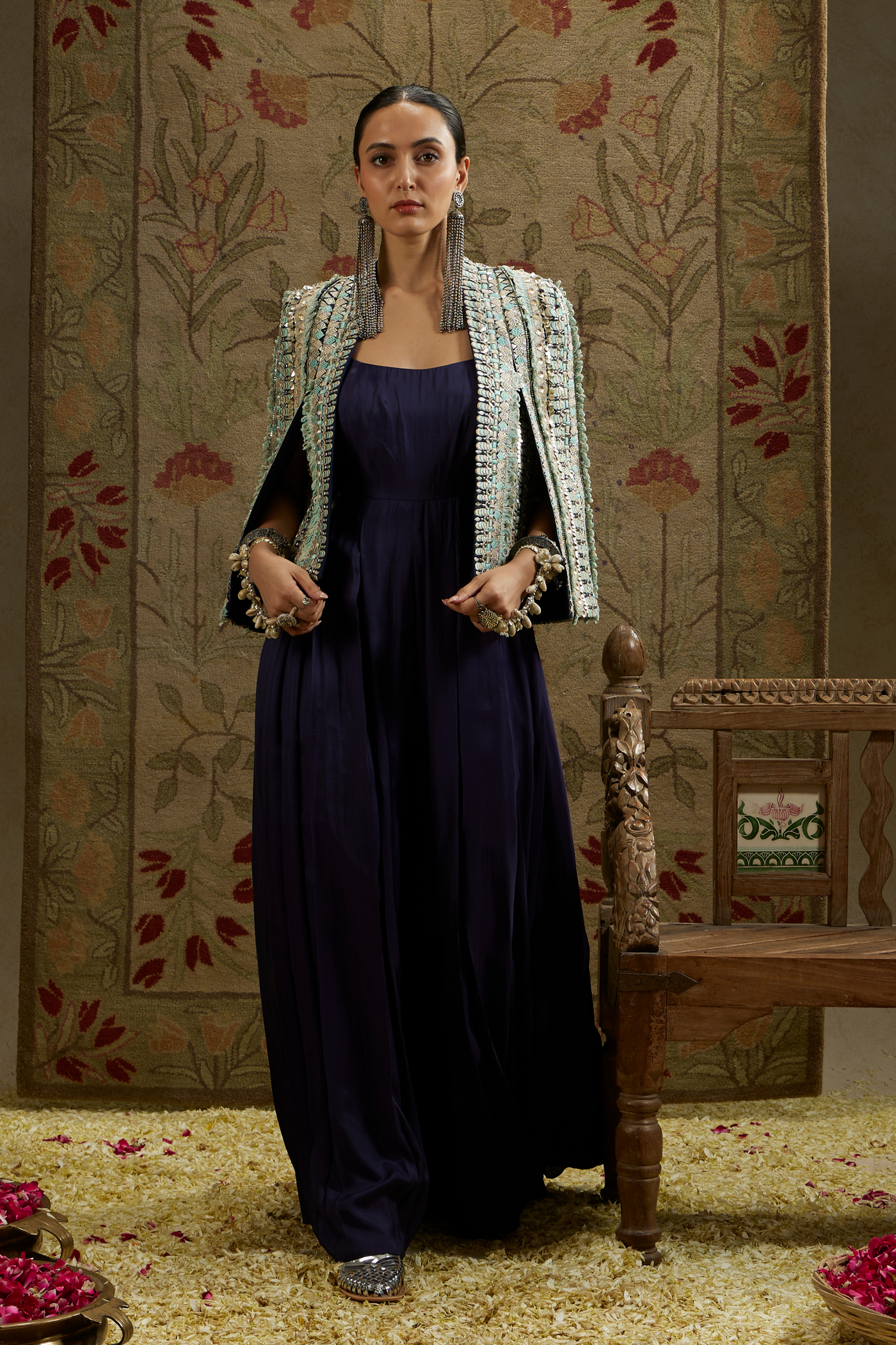 SVA Womenswear Embellished Jacket Paired with Midnight Blue Jumpsuit Indian Designer Wear Online Shopping Melange Singapore