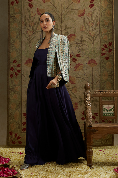 SVA Womenswear Embellished Jacket Paired with Midnight Blue Jumpsuit Indian Designer Wear Online Shopping Melange Singapore