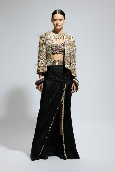 SVA Ivory Abstract Feather Cape Jacket Set indian designer wear online shopping melange singapore