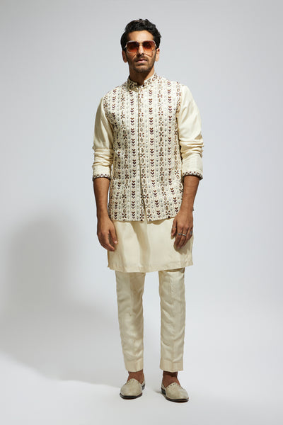 SVA Ivory Geo Embellished Bundi With Kurta And Pants indian designer wear online shopping melange singapore