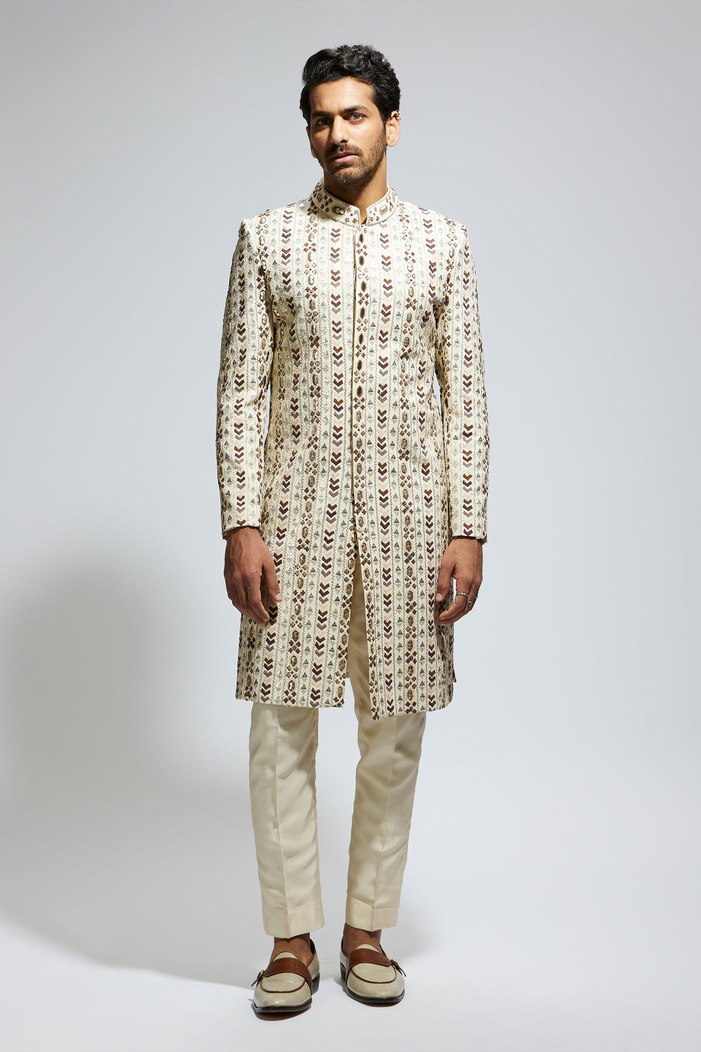 SVA Ivory Geo Embroidered Sherwani With Pants indian designer wear online shopping melange singapore