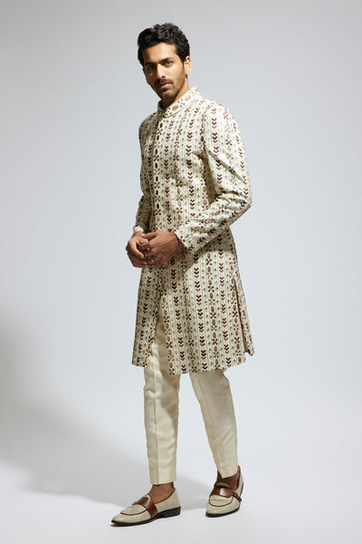 SVA Ivory Geo Embroidered Sherwani With Pants indian designer wear online shopping melange singapore