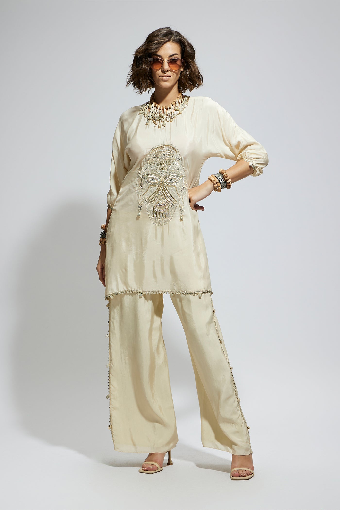 SVA Ivory Metal Embellished Mask Coord Set indian designer wear online shopping melange singapore