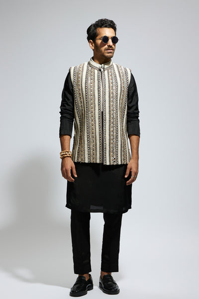 SVA Ivory Threadwork Embellished Bundi Paired With Kurta And Pants indian designer wear online shopping melange singapore