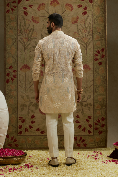 SVA Menswear Magnolia Cream Organza Embellished Kurta Indian Designer Wear Online Shopping Melange Singapore