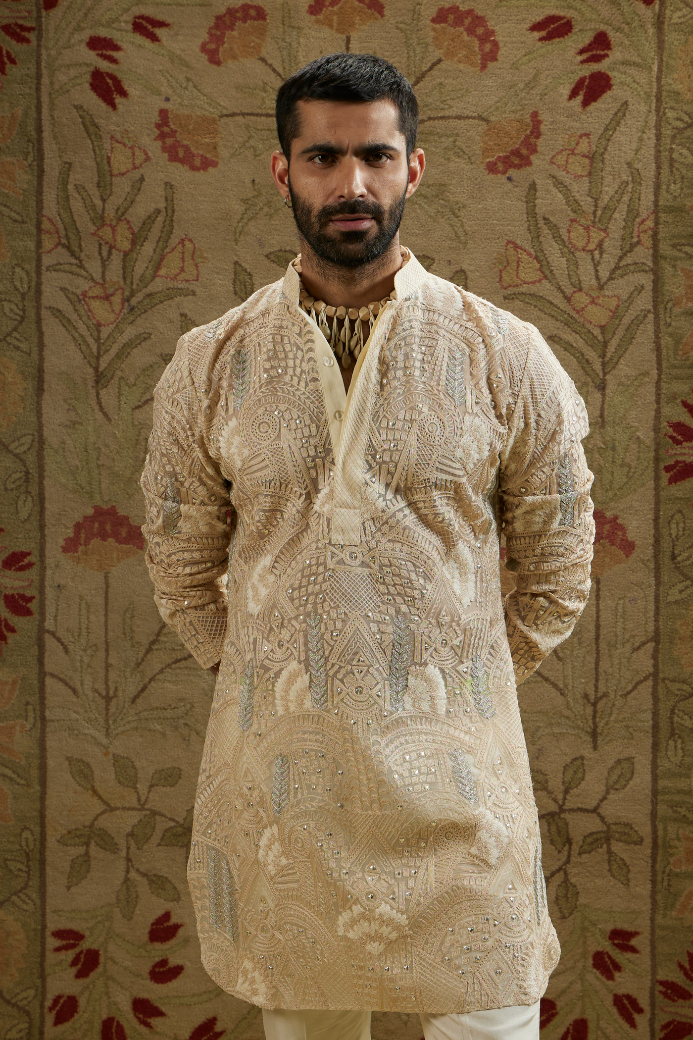 SVA Menswear Magnolia Cream Organza Embellished Kurta Indian Designer Wear Online Shopping Melange Singapore