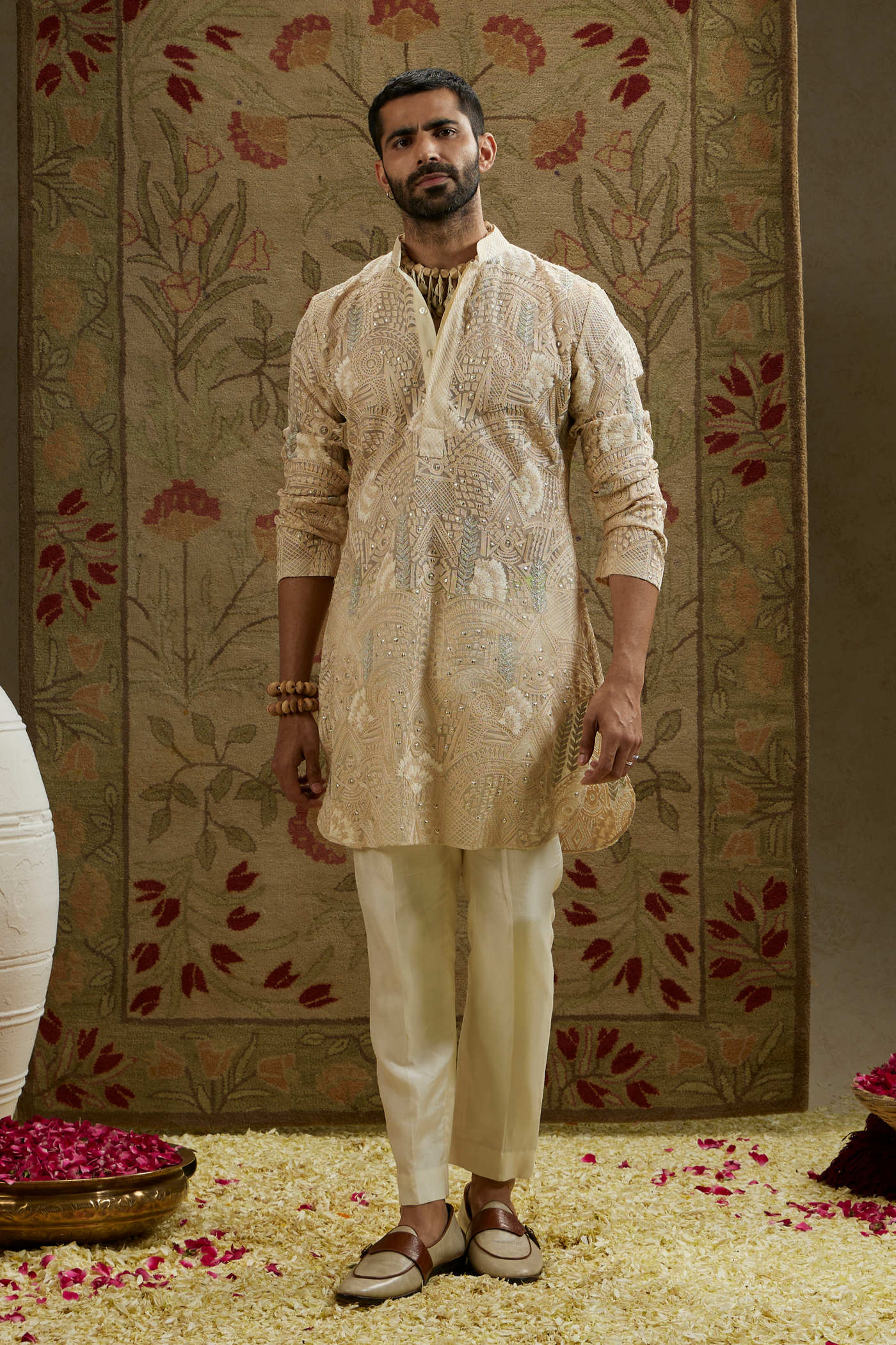 SVA Menswear Magnolia Cream Organza Embellished Kurta Indian Designer Wear Online Shopping Melange Singapore