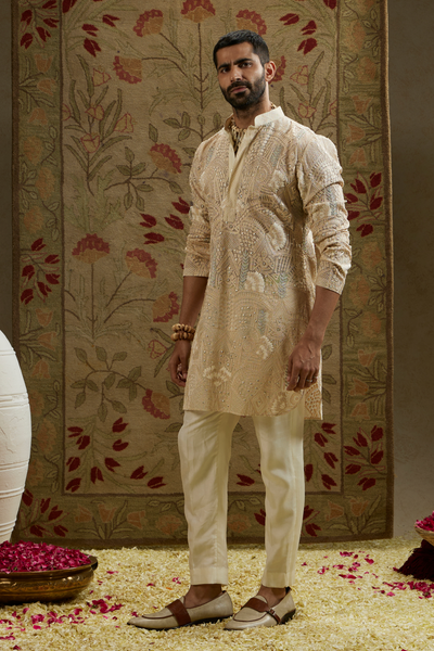 SVA Menswear Magnolia Cream Organza Embellished Kurta Indian Designer Wear Online Shopping Melange Singapore