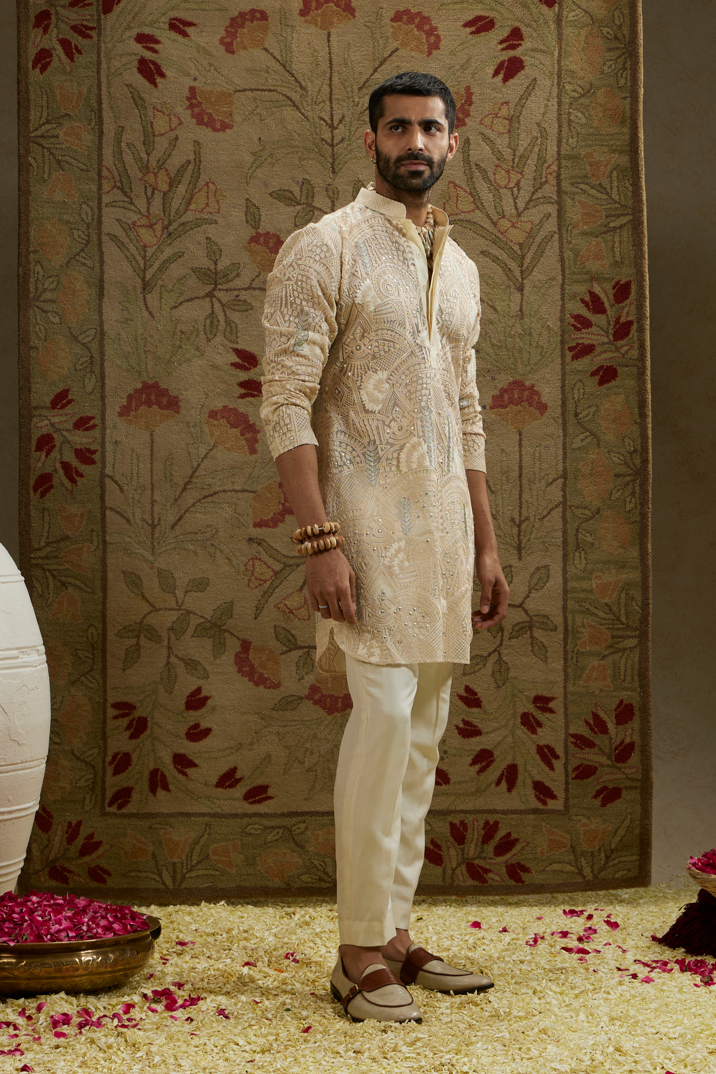 SVA Menswear Magnolia Cream Organza Embellished Kurta Indian Designer Wear Online Shopping Melange Singapore