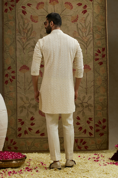 SVA Menswear Magnolia Cream Sequin Cut-Dana Embellished Lucknowi Kurta Set Indian Designer Wear Online Shopping Melange Singapore