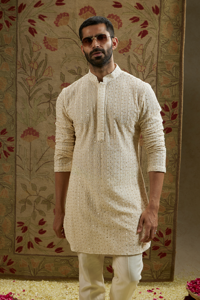 SVA Menswear Magnolia Cream Sequin Cut-Dana Embellished Lucknowi Kurta Set Indian Designer Wear Online Shopping Melange Singapore