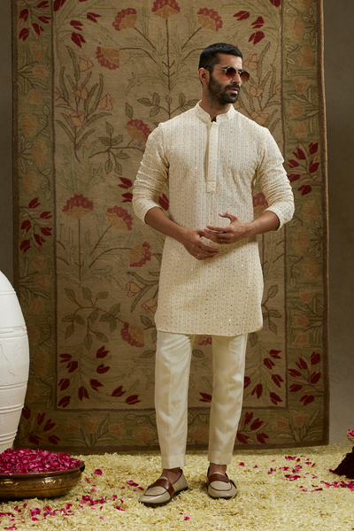 SVA Menswear Magnolia Cream Sequin Cut-Dana Embellished Lucknowi Kurta Set Indian Designer Wear Online Shopping Melange Singapore