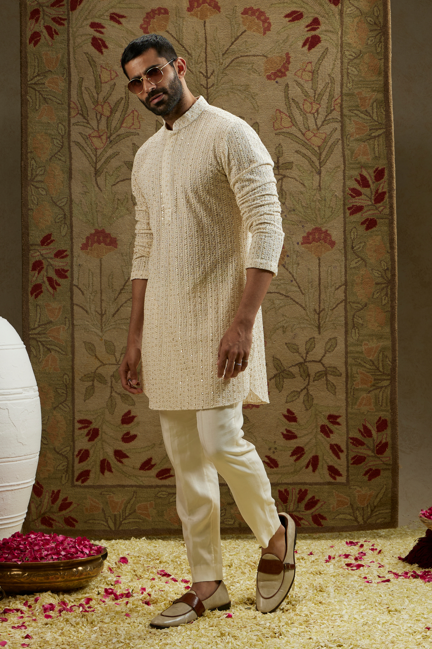 SVA Menswear Magnolia Cream Sequin Cut-Dana Embellished Lucknowi Kurta Set Indian Designer Wear Online Shopping Melange Singapore