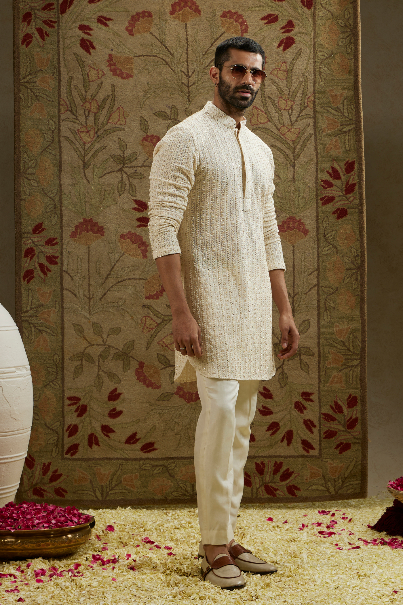 SVA Menswear Magnolia Cream Sequin Cut-Dana Embellished Lucknowi Kurta Set Indian Designer Wear Online Shopping Melange Singapore